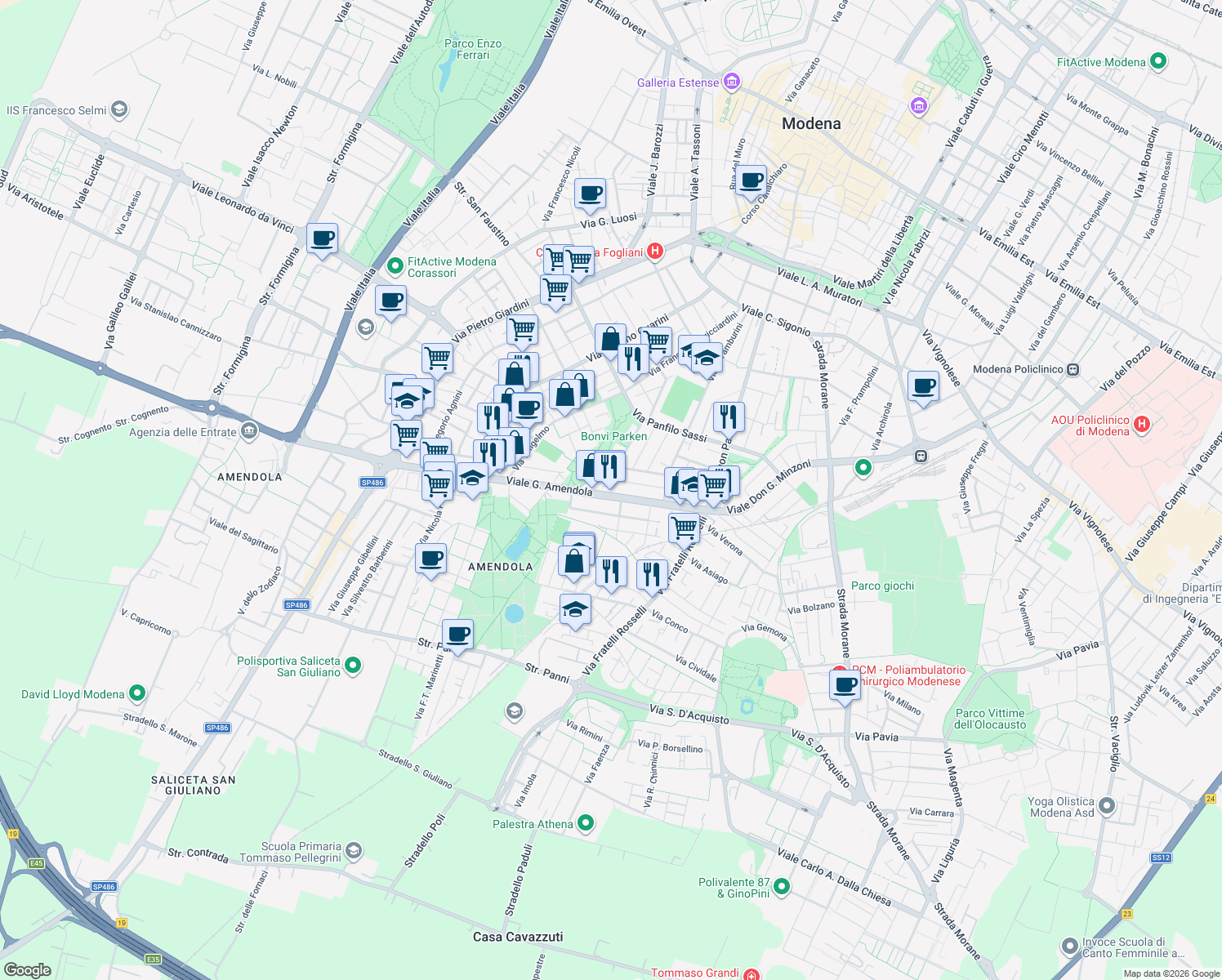 map of restaurants, bars, coffee shops, grocery stores, and more near 98 Via Duccio di Boninsegna in Modena