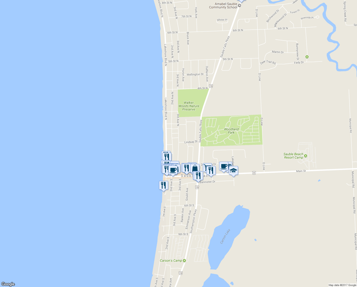 map of restaurants, bars, coffee shops, grocery stores, and more near 138 3rd Avenue North in Sauble Beach