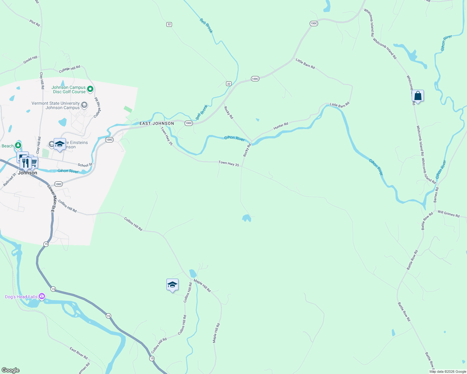 map of restaurants, bars, coffee shops, grocery stores, and more near 710 Rocky Road in Lamoille County