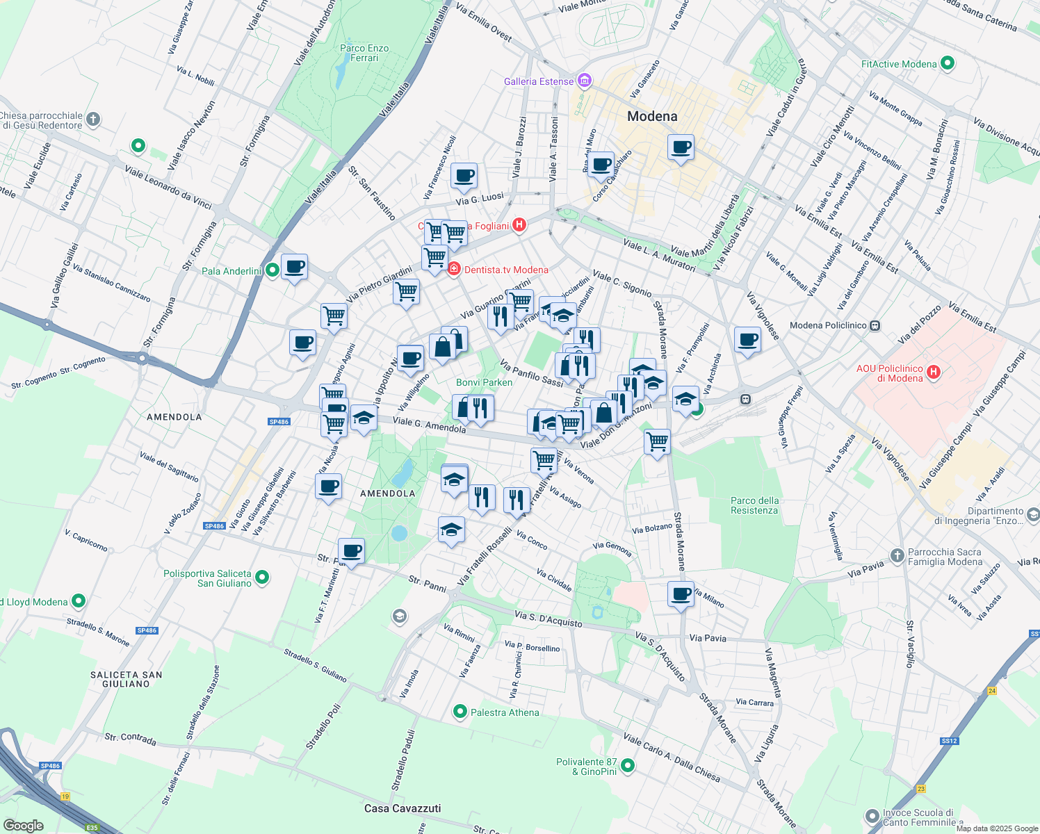 map of restaurants, bars, coffee shops, grocery stores, and more near 25 Via Aroldo Bonzagni in Modena