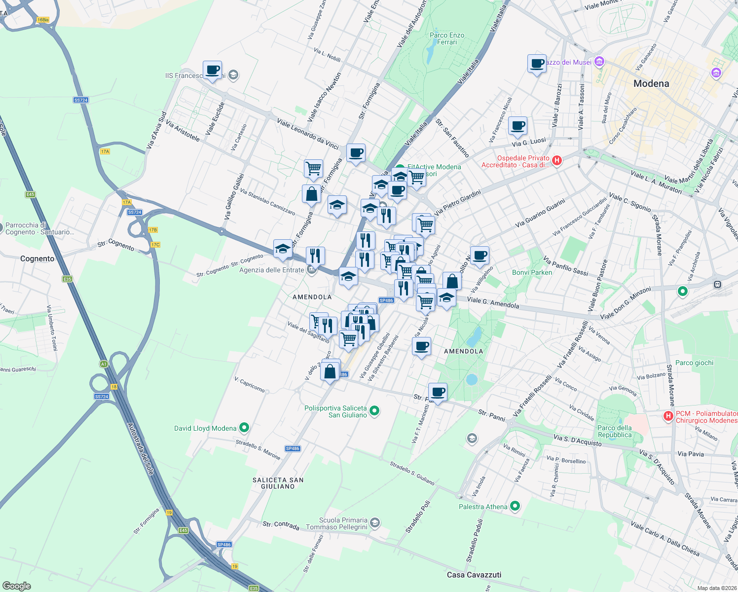 map of restaurants, bars, coffee shops, grocery stores, and more near 19 Via Bartolomeo Avanzini in Modena