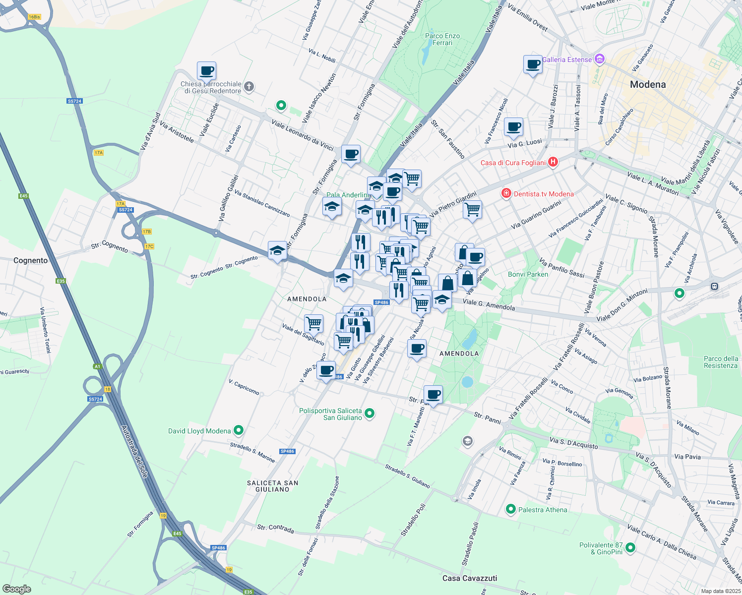 map of restaurants, bars, coffee shops, grocery stores, and more near 13 Via Bartolomeo Avanzini in Modena