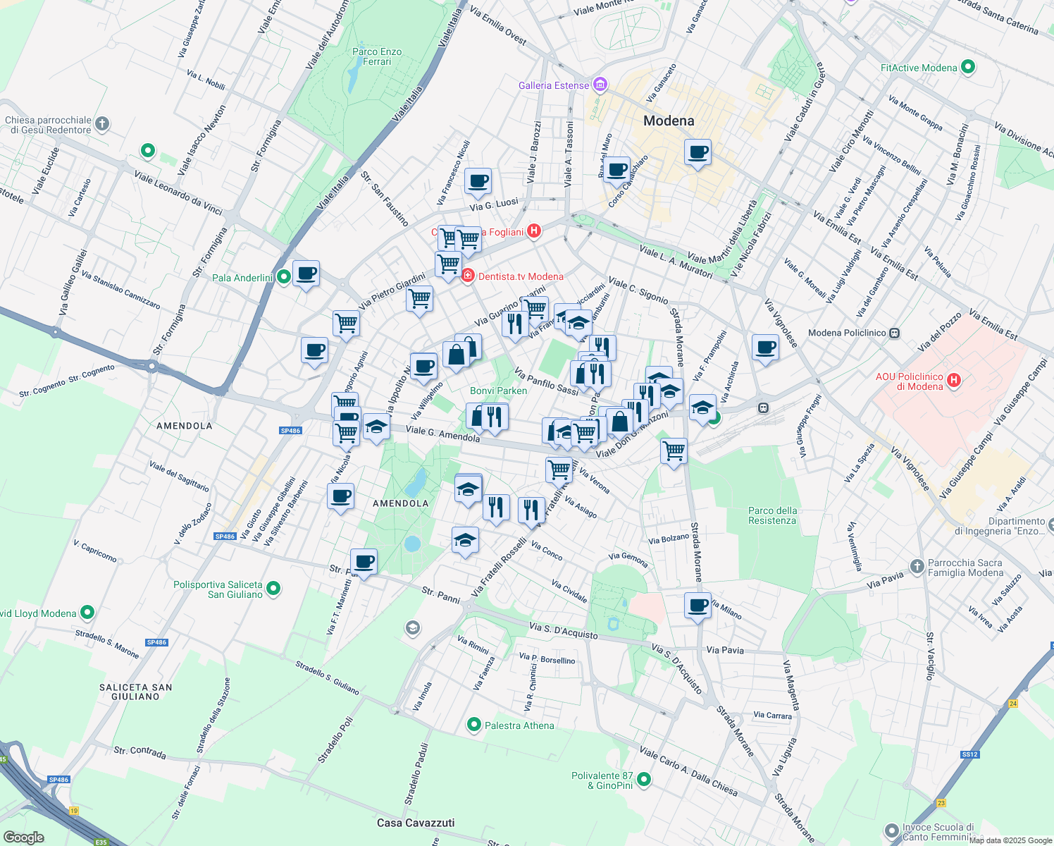 map of restaurants, bars, coffee shops, grocery stores, and more near 25 Via Aroldo Bonzagni in Modena