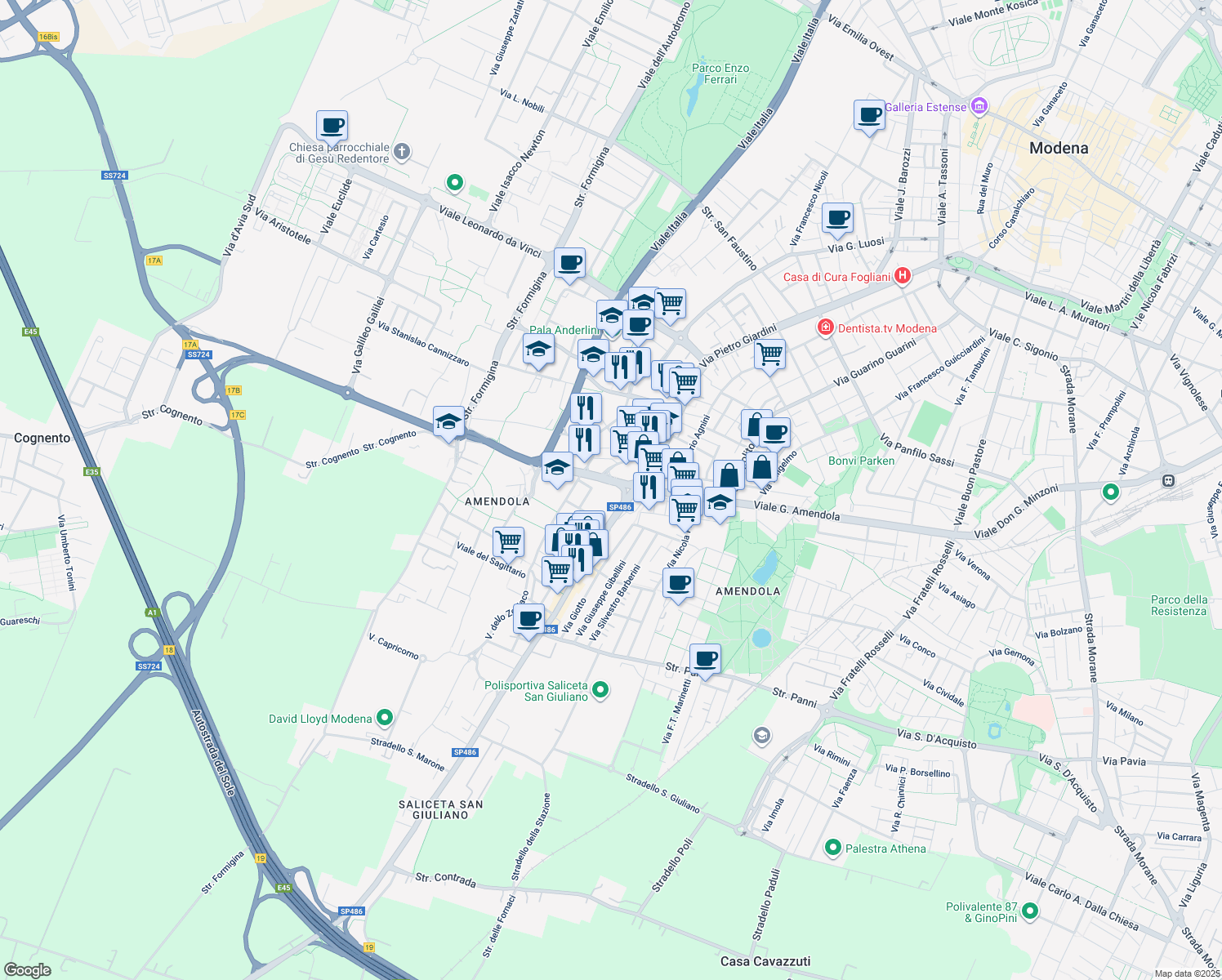 map of restaurants, bars, coffee shops, grocery stores, and more near 13 Via Bartolomeo Avanzini in Modena