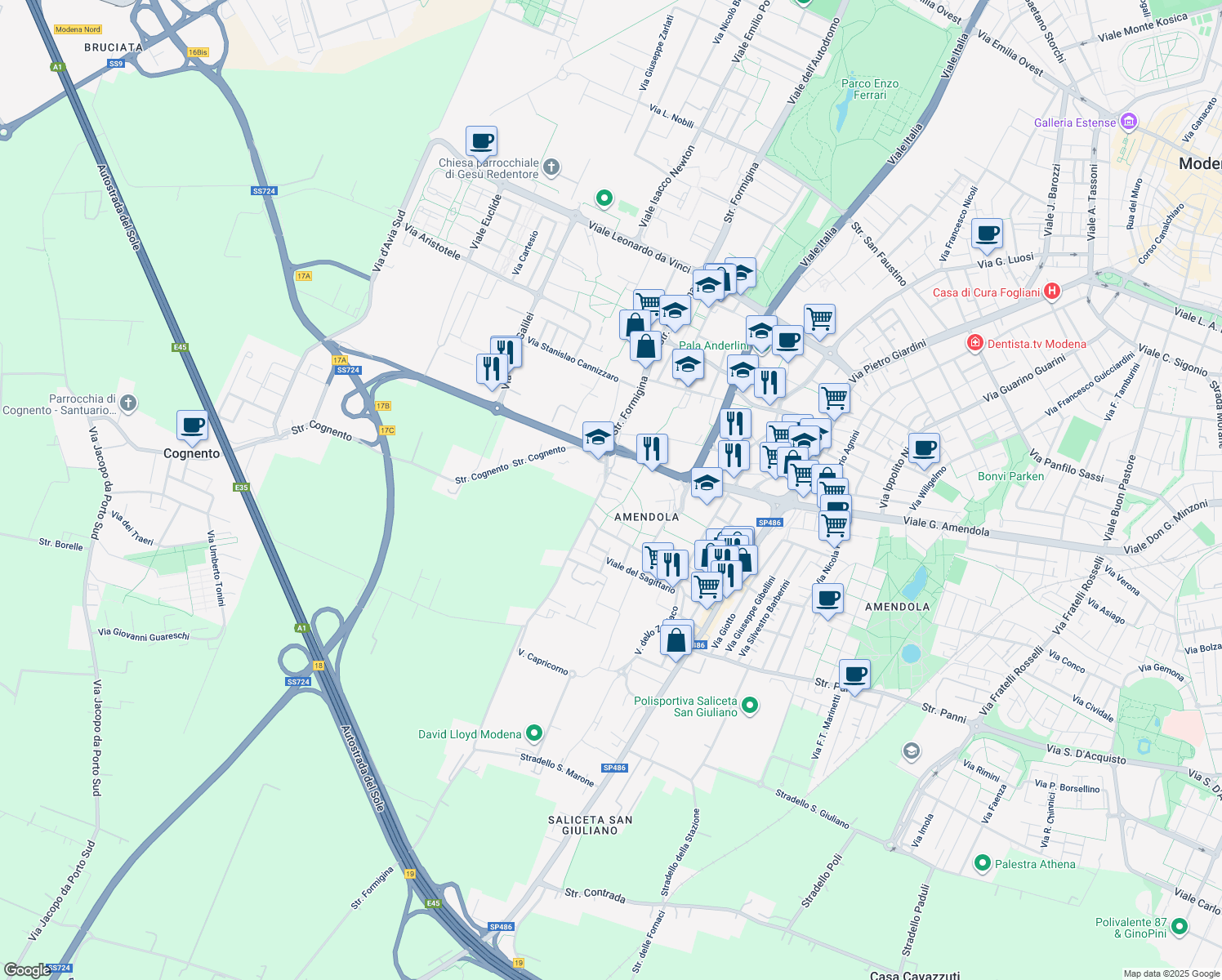 map of restaurants, bars, coffee shops, grocery stores, and more near 365 Strada Formigina in Modena