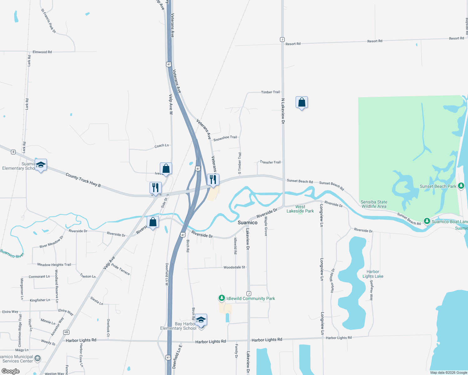 map of restaurants, bars, coffee shops, grocery stores, and more near 1463 Sunset Beach Rd in Suamico