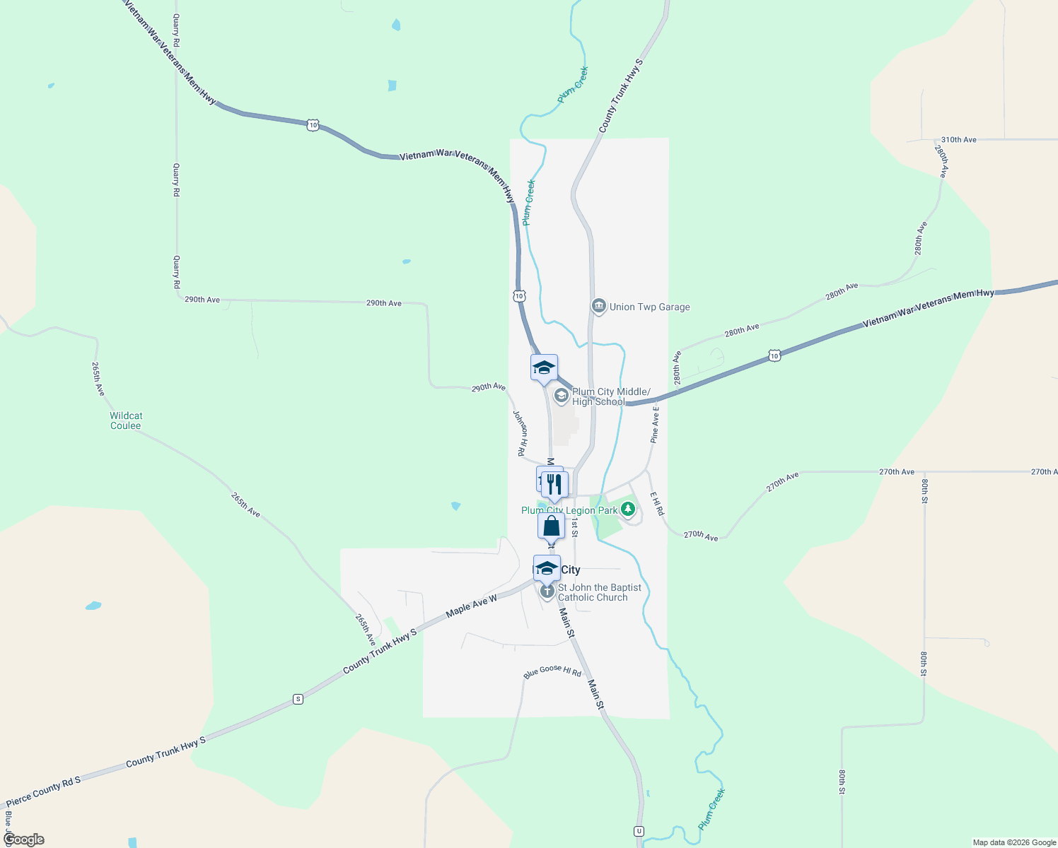 map of restaurants, bars, coffee shops, grocery stores, and more near 828 Main Street in Plum City