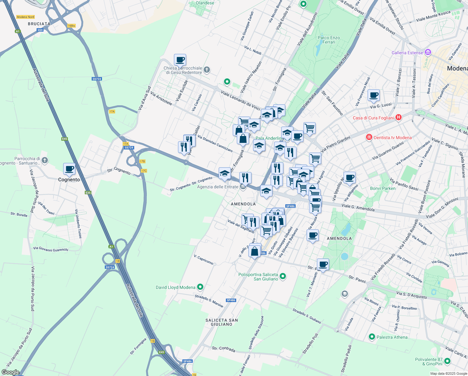 map of restaurants, bars, coffee shops, grocery stores, and more near 365 Strada Formigina in Modena