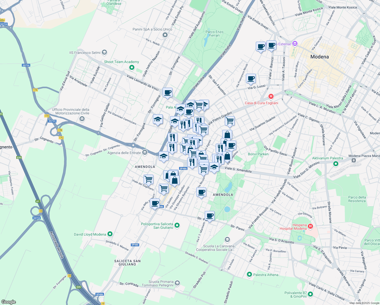 map of restaurants, bars, coffee shops, grocery stores, and more near 5 Strada Nazionale Giardini in Modena