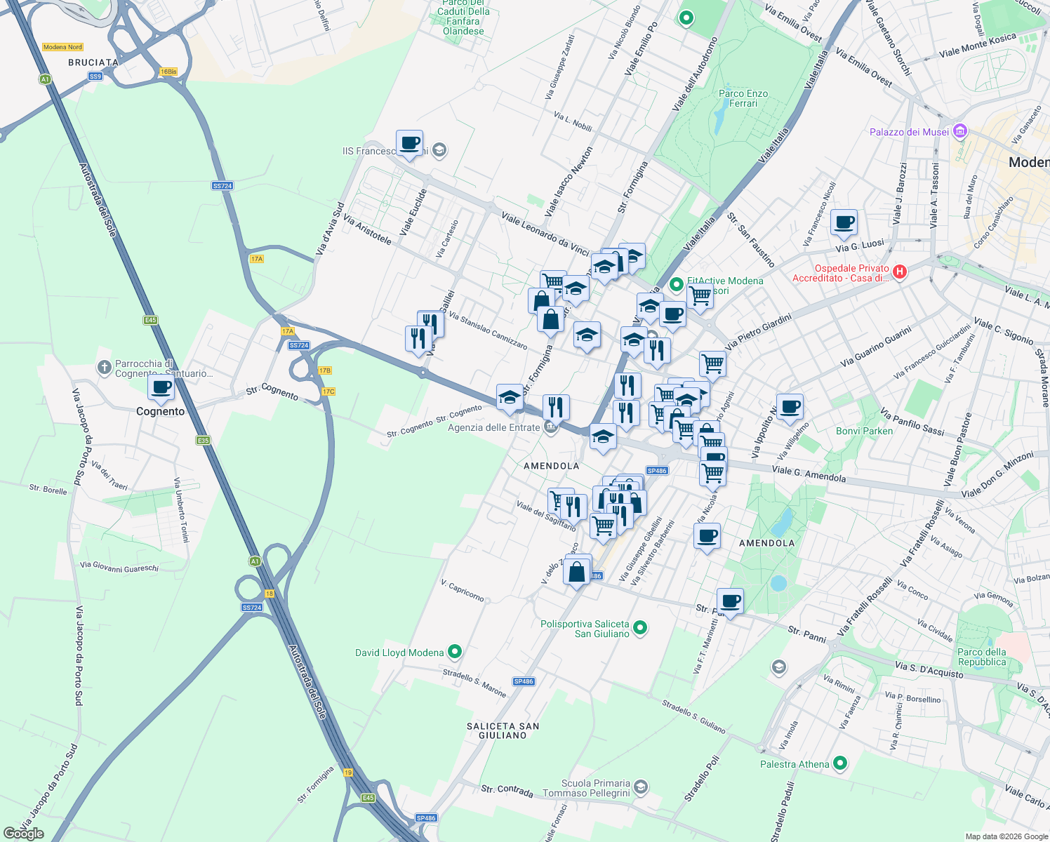 map of restaurants, bars, coffee shops, grocery stores, and more near 365 Strada Formigina in Modena