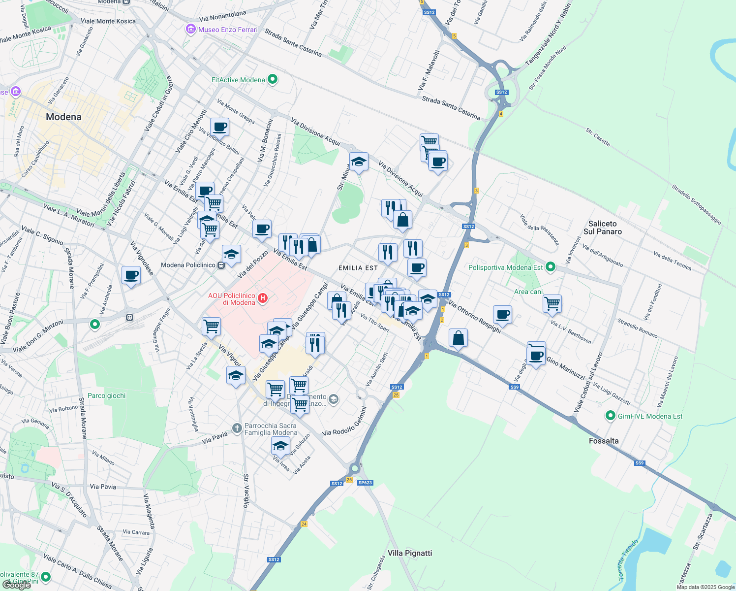 map of restaurants, bars, coffee shops, grocery stores, and more near 776 Via Emilia Est in Modena