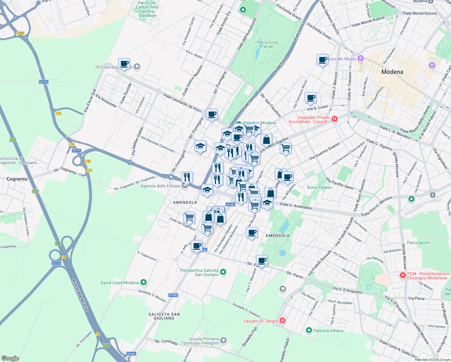 map of restaurants, bars, coffee shops, grocery stores, and more near 18 Strada Scaglia Est in Modena
