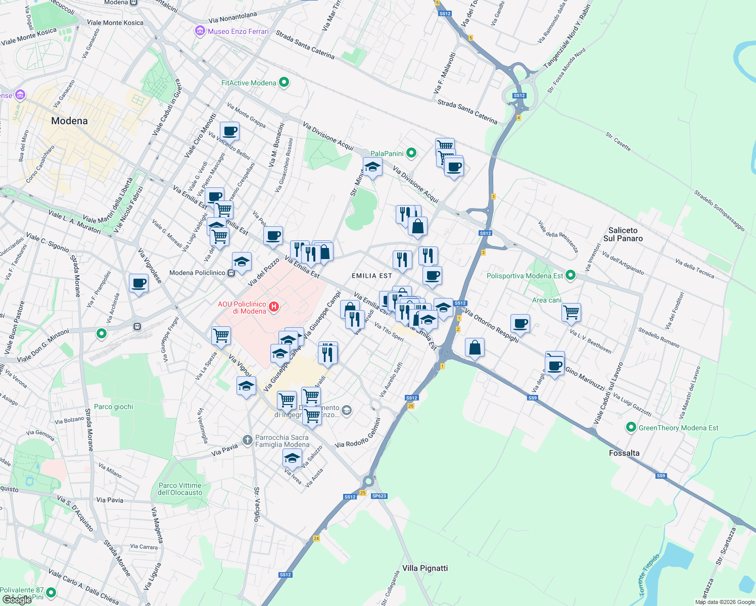 map of restaurants, bars, coffee shops, grocery stores, and more near 776/a Via Emilia Est in Modena