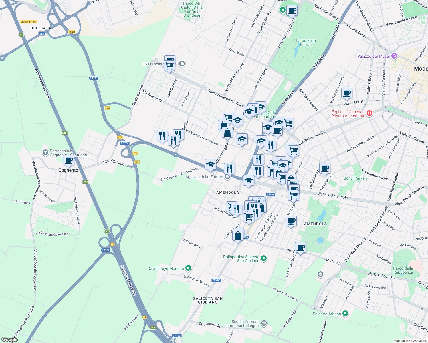 map of restaurants, bars, coffee shops, grocery stores, and more near 488 Strada Formigina in Modena