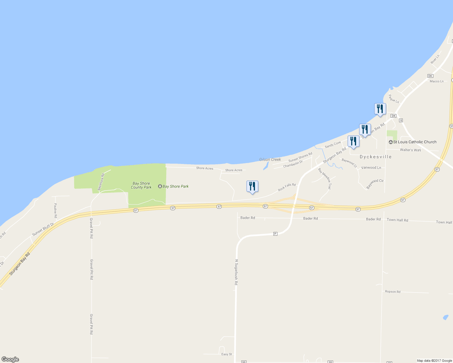 map of restaurants, bars, coffee shops, grocery stores, and more near 5891 Shore Acres Road in New Franken