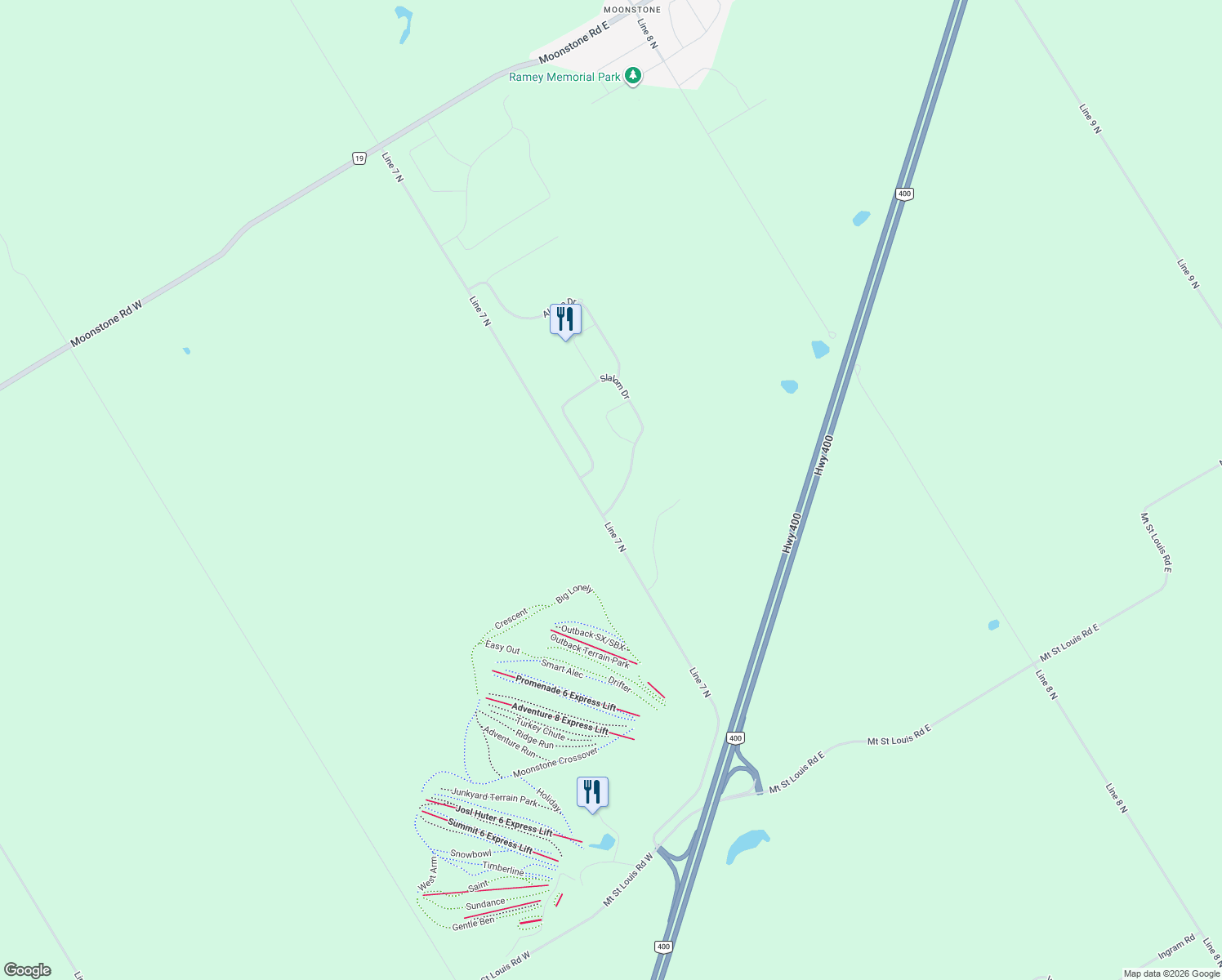 map of restaurants, bars, coffee shops, grocery stores, and more near 4 Slalom Drive in Moonstone