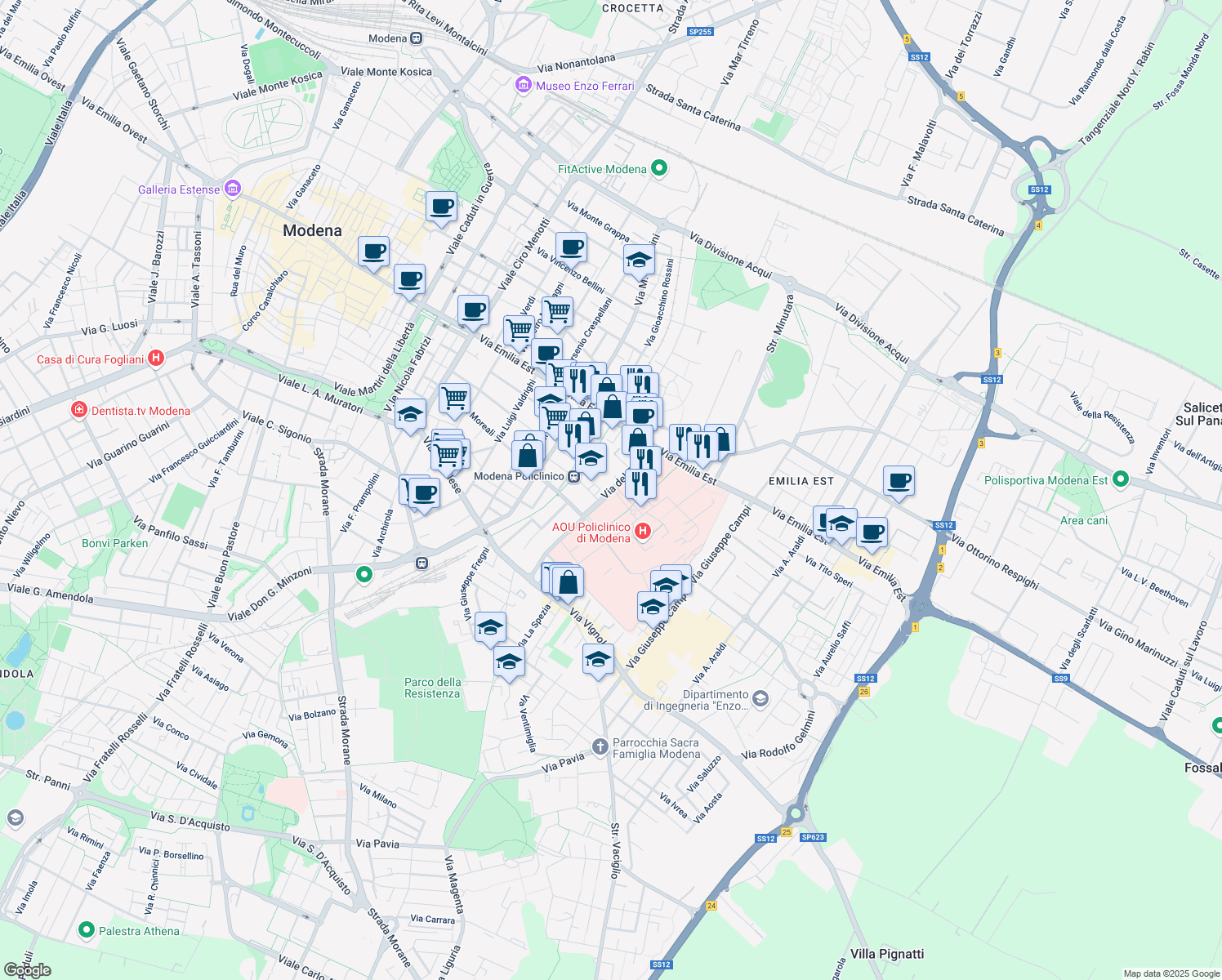 map of restaurants, bars, coffee shops, grocery stores, and more near 210 Via del Pozzo in Modena