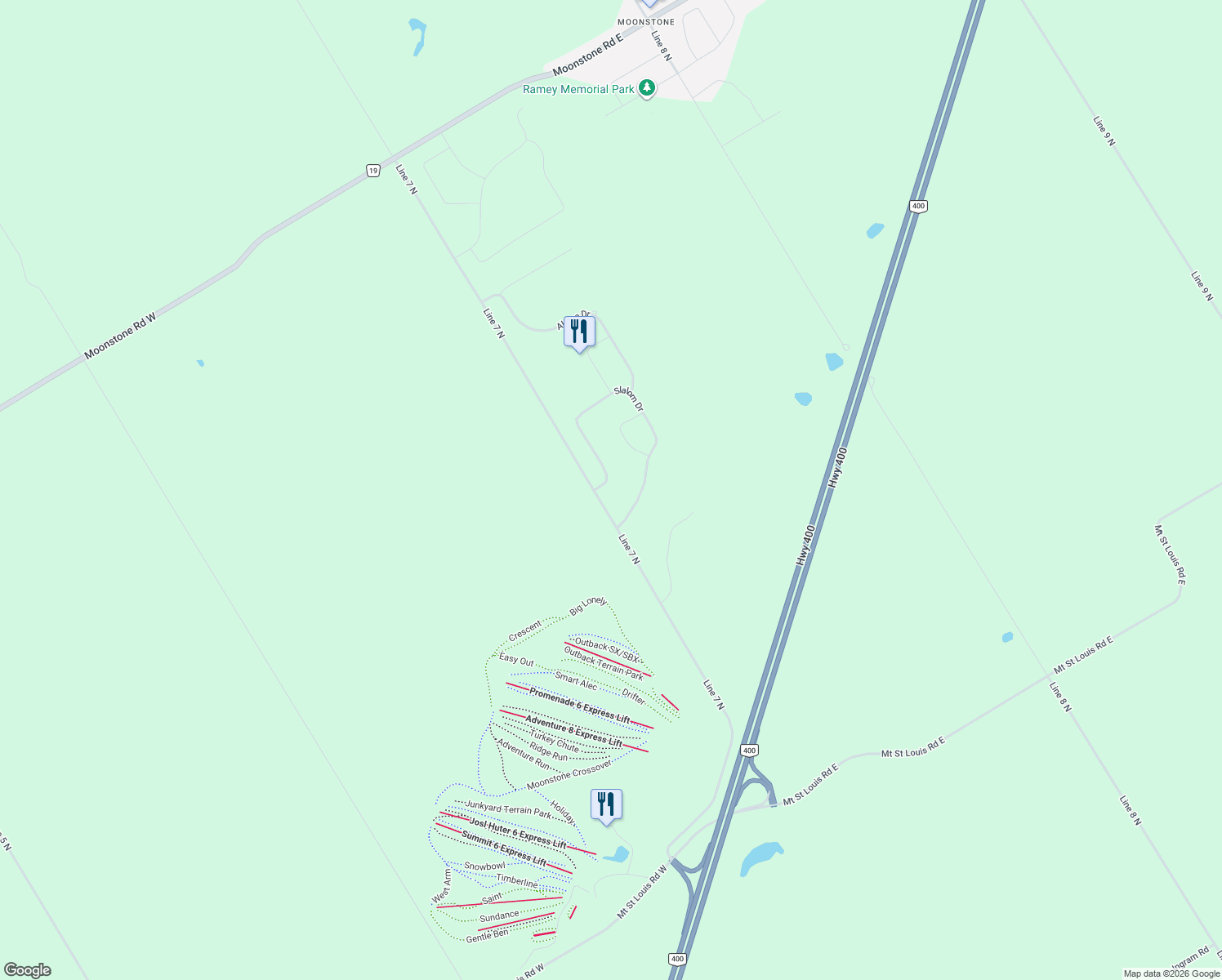 map of restaurants, bars, coffee shops, grocery stores, and more near 34 Slalom Drive in Moonstone