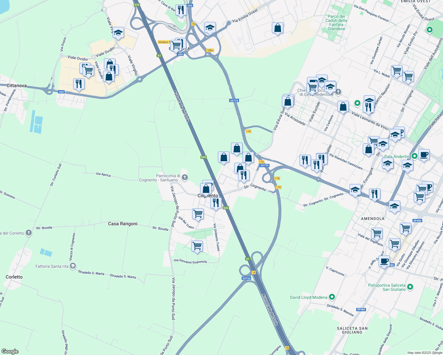 map of restaurants, bars, coffee shops, grocery stores, and more near 183 Via Vittorio Bottego in Modena