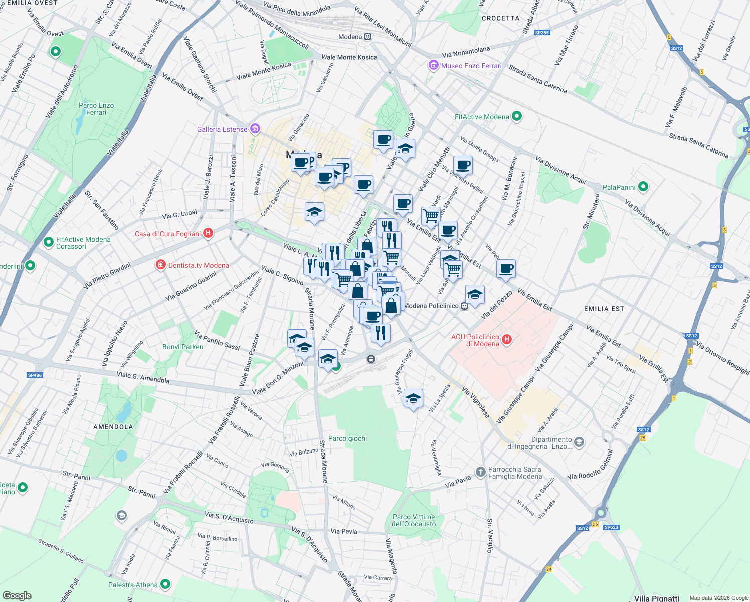 map of restaurants, bars, coffee shops, grocery stores, and more near 65 Via Vignolese in Modena