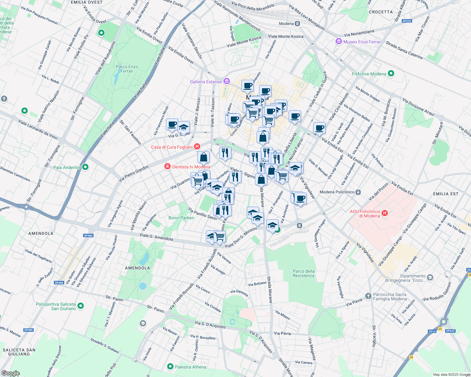 map of restaurants, bars, coffee shops, grocery stores, and more near 69 Viale Buon Pastore in Modena