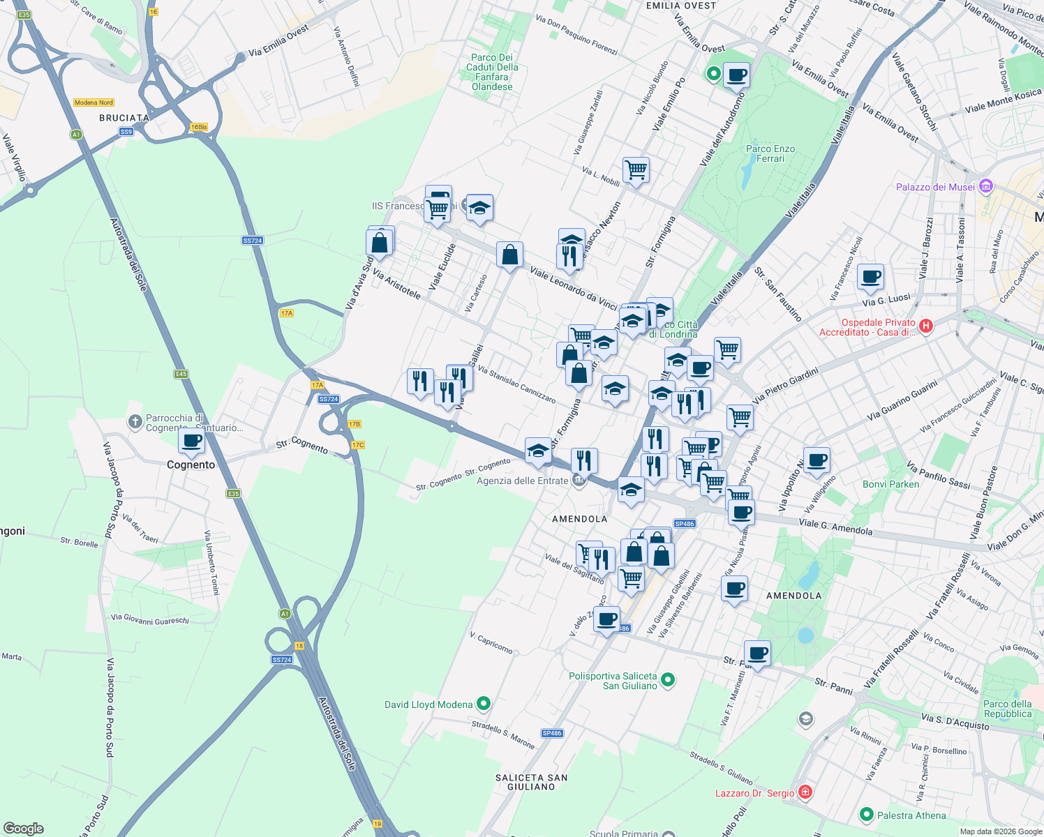 map of restaurants, bars, coffee shops, grocery stores, and more near 62 Via Albert Einstein in Modena