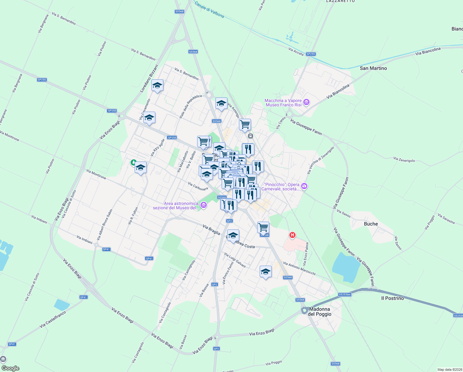 map of restaurants, bars, coffee shops, grocery stores, and more near 86 Corso Italia in San Giovanni in Persiceto