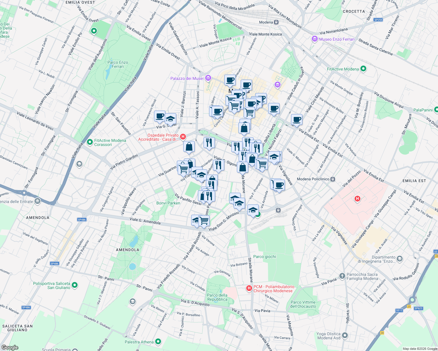 map of restaurants, bars, coffee shops, grocery stores, and more near 69 Viale Buon Pastore in Modena