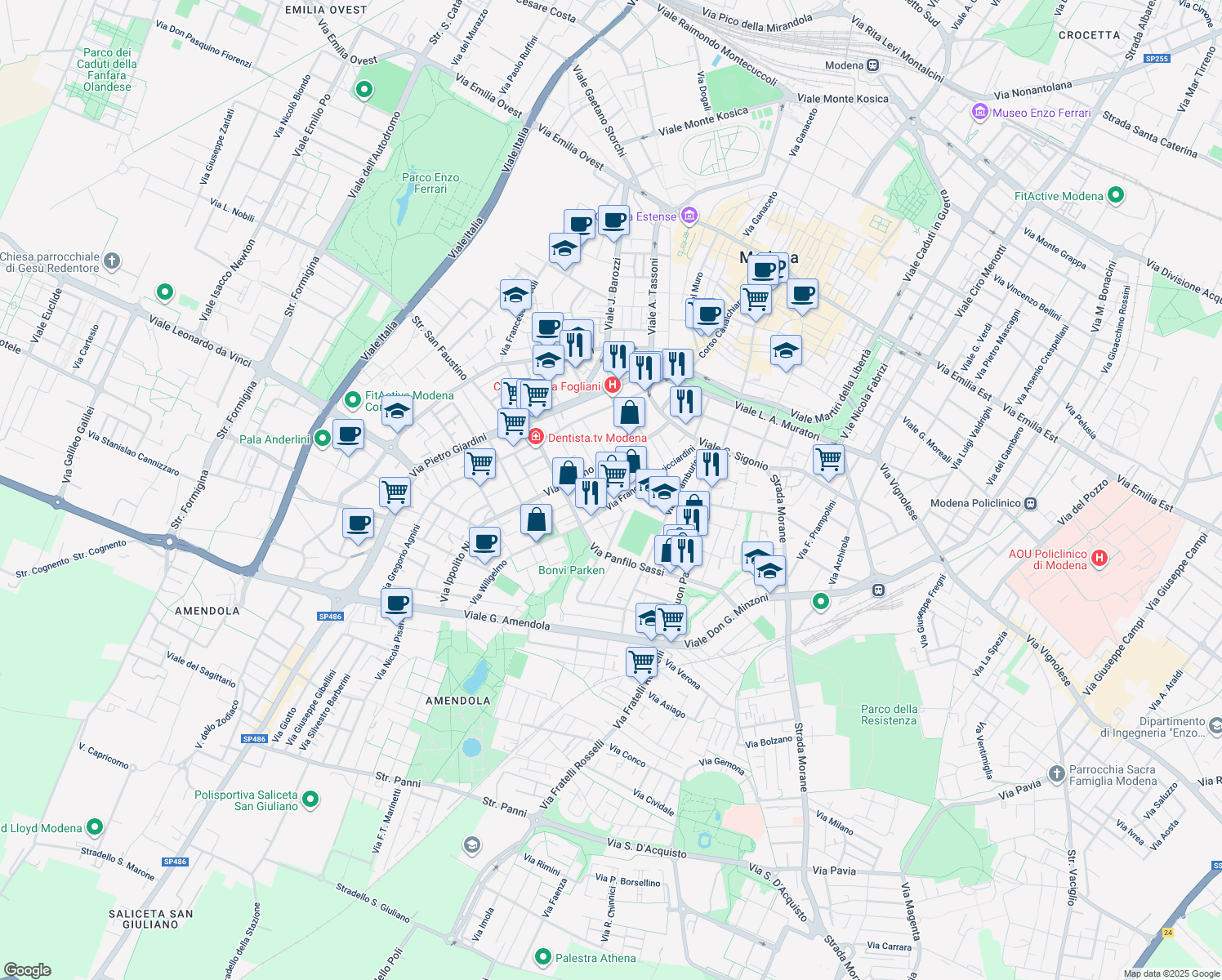map of restaurants, bars, coffee shops, grocery stores, and more near 20 Via Adolfo Venturi in Modena