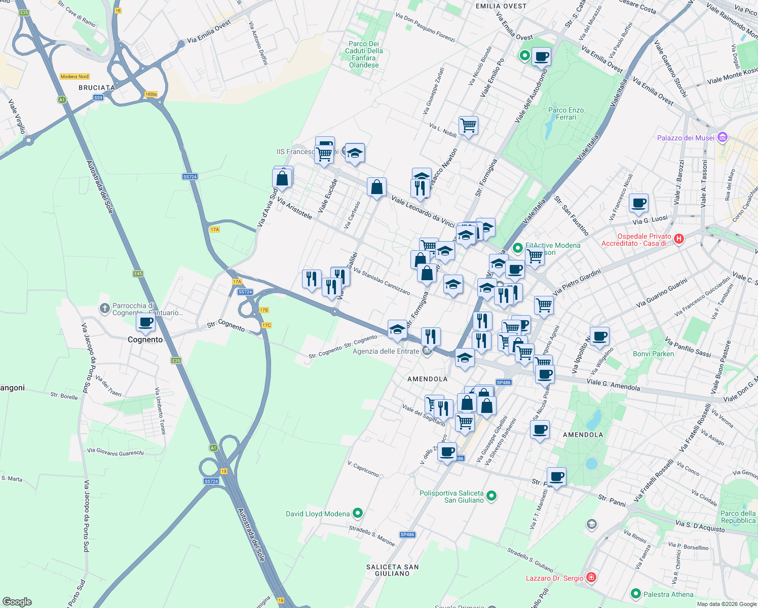 map of restaurants, bars, coffee shops, grocery stores, and more near 62 Via Albert Einstein in Modena