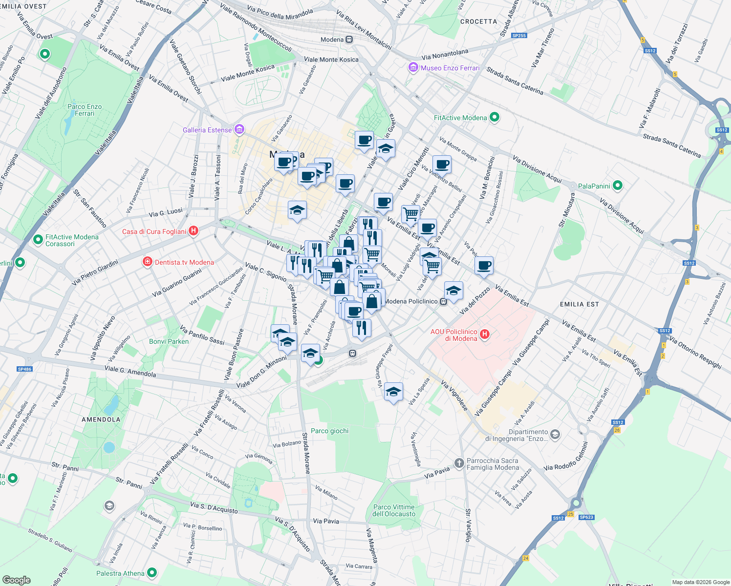 map of restaurants, bars, coffee shops, grocery stores, and more near 65 Via Vignolese in Modena