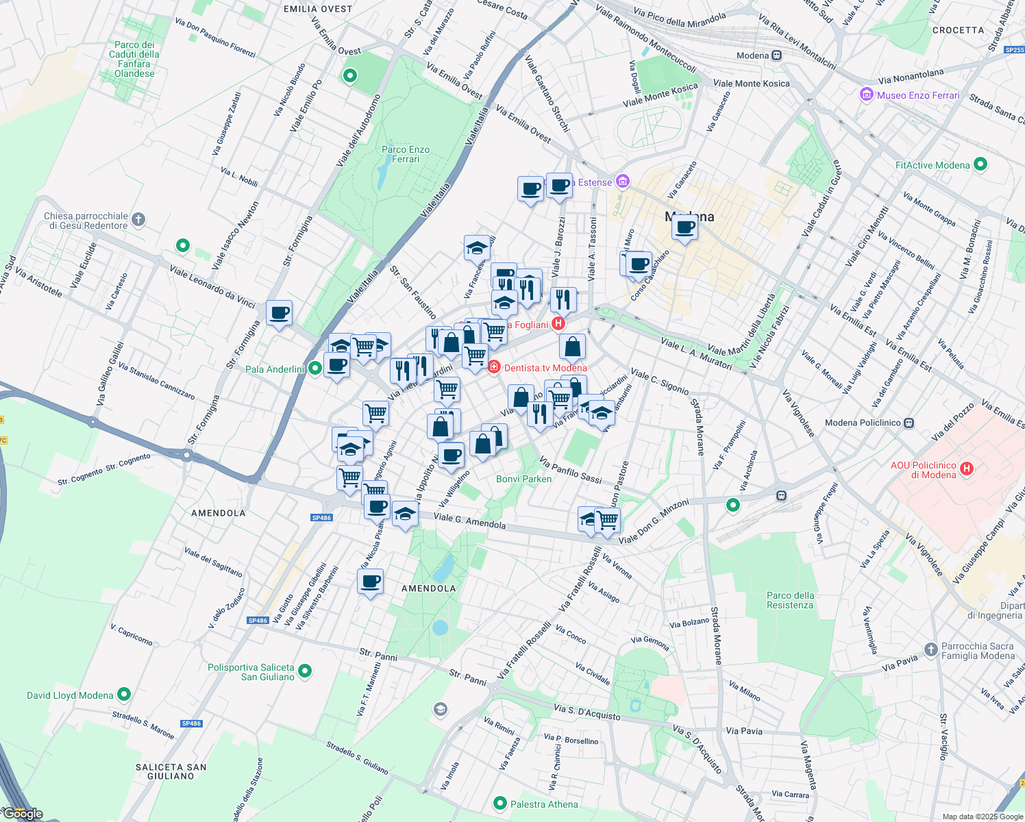 map of restaurants, bars, coffee shops, grocery stores, and more near 189b Via Guarino Guarini in Modena