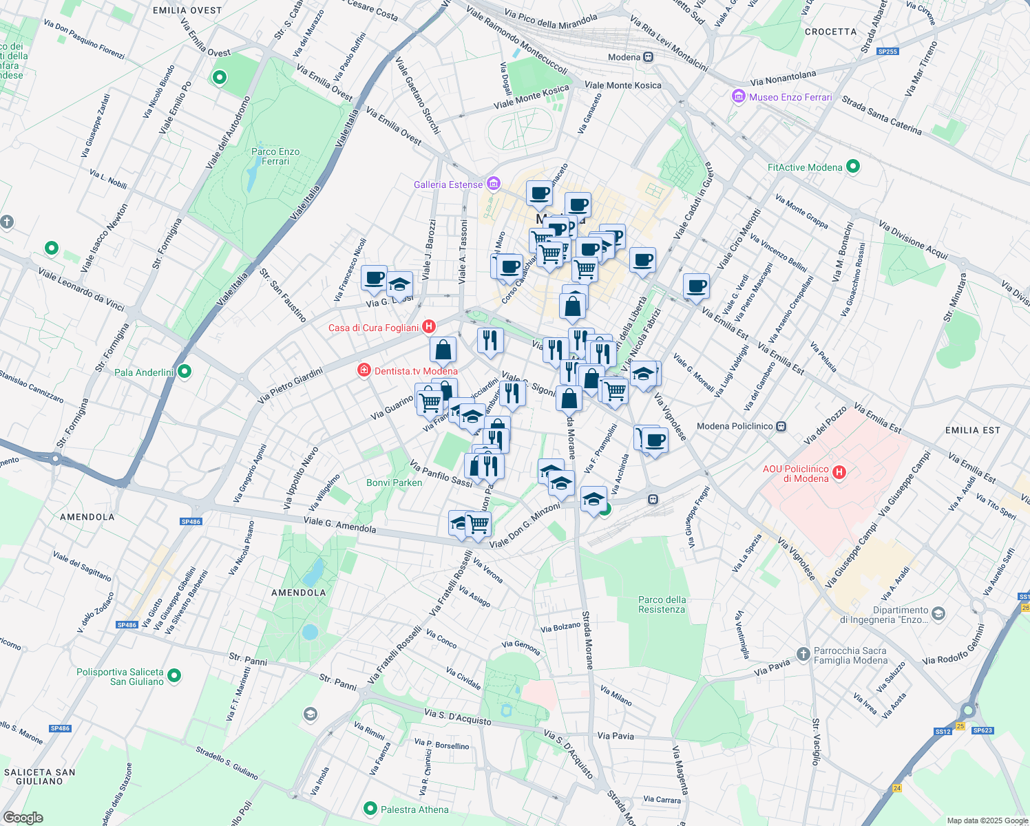 map of restaurants, bars, coffee shops, grocery stores, and more near 69 Viale Buon Pastore in Modena