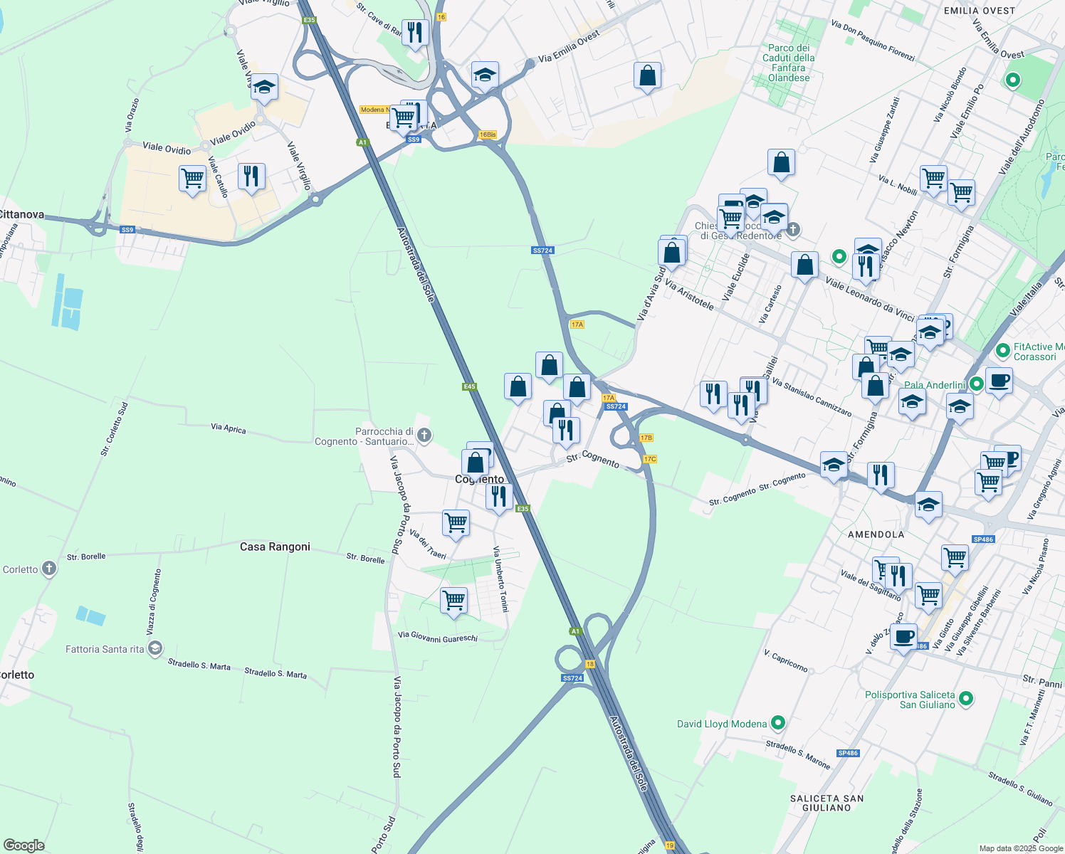 map of restaurants, bars, coffee shops, grocery stores, and more near 34 Via Vittorio Bottego in Modena