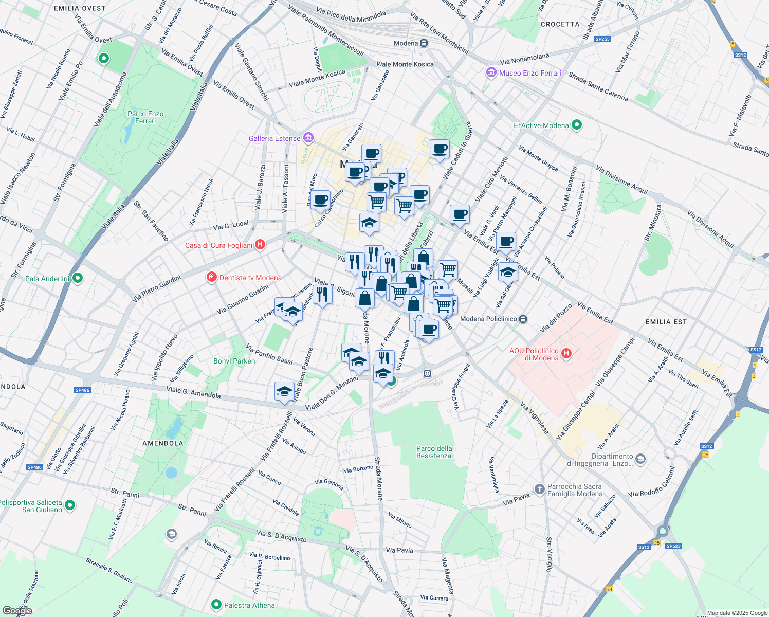 map of restaurants, bars, coffee shops, grocery stores, and more near 109 Via Gerolamo Tiraboschi in Modena