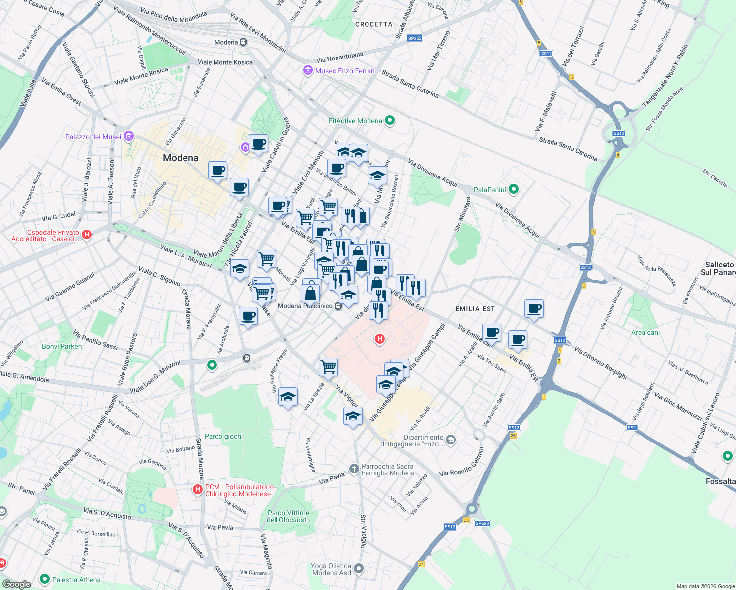 map of restaurants, bars, coffee shops, grocery stores, and more near 74 Via del Pozzo in Modena