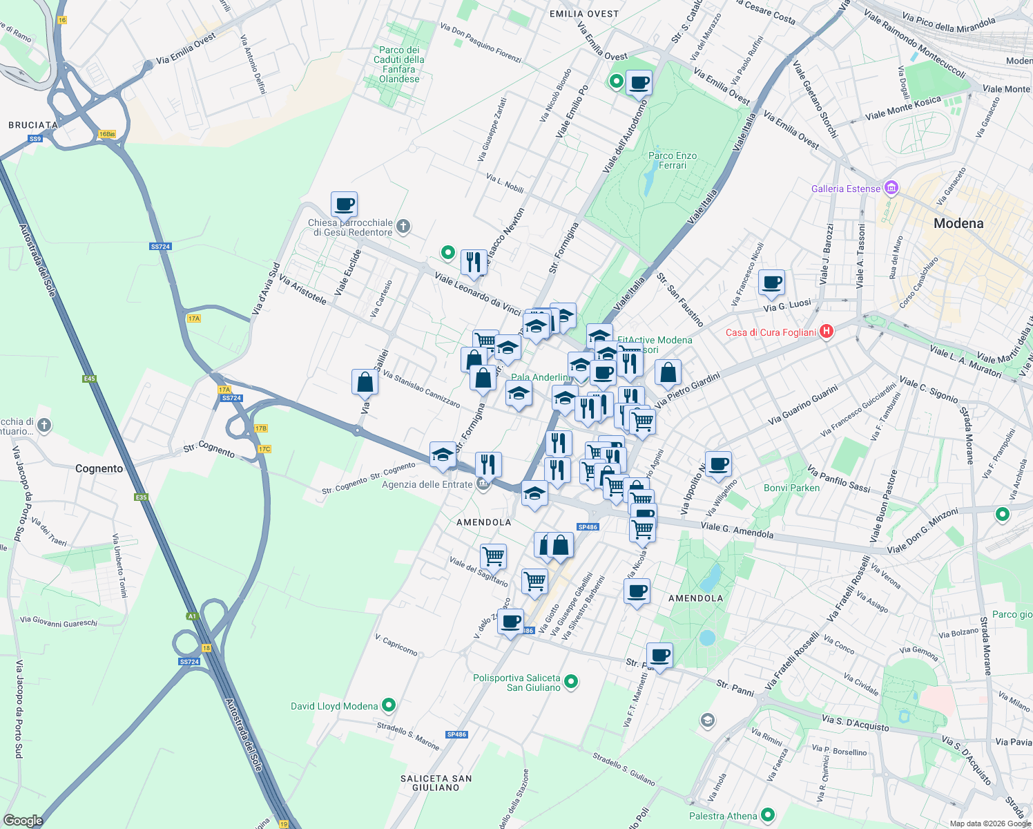 map of restaurants, bars, coffee shops, grocery stores, and more near Via Fermo Corni in Modena