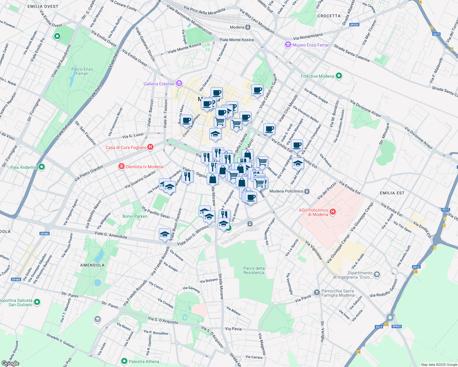 map of restaurants, bars, coffee shops, grocery stores, and more near 109 Via Gerolamo Tiraboschi in Modena