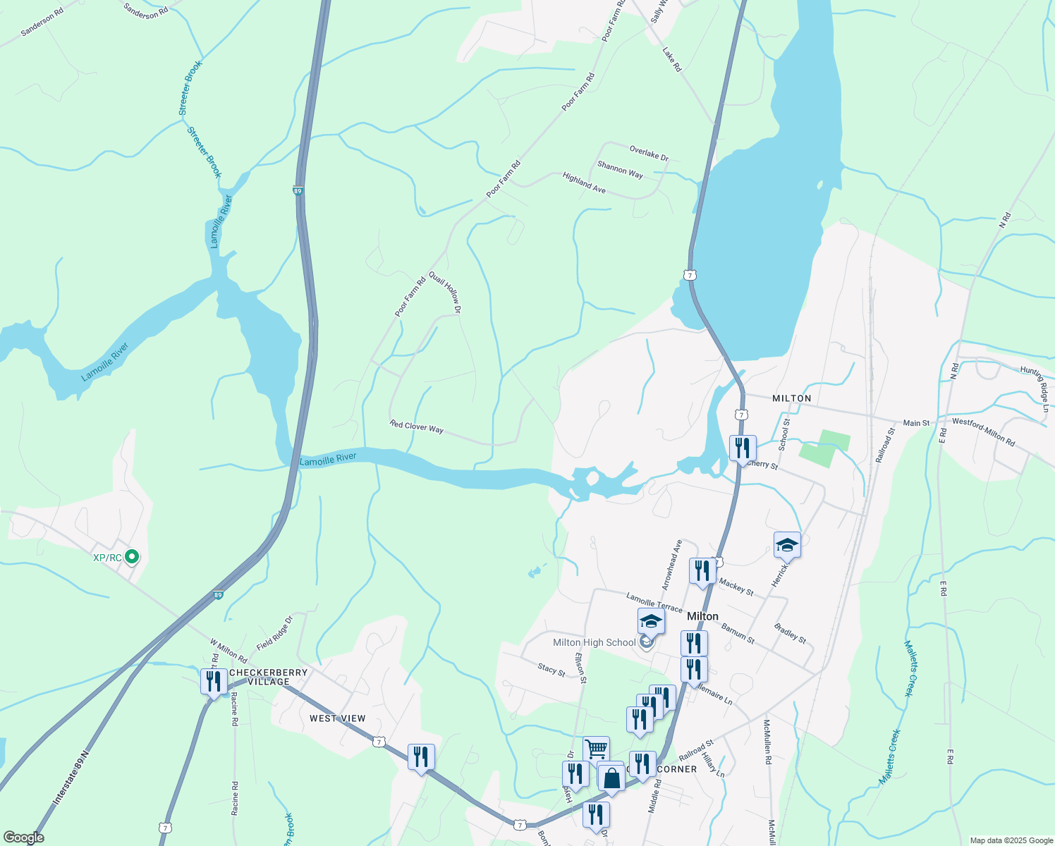 map of restaurants, bars, coffee shops, grocery stores, and more near 179 Red Clover Way in Milton