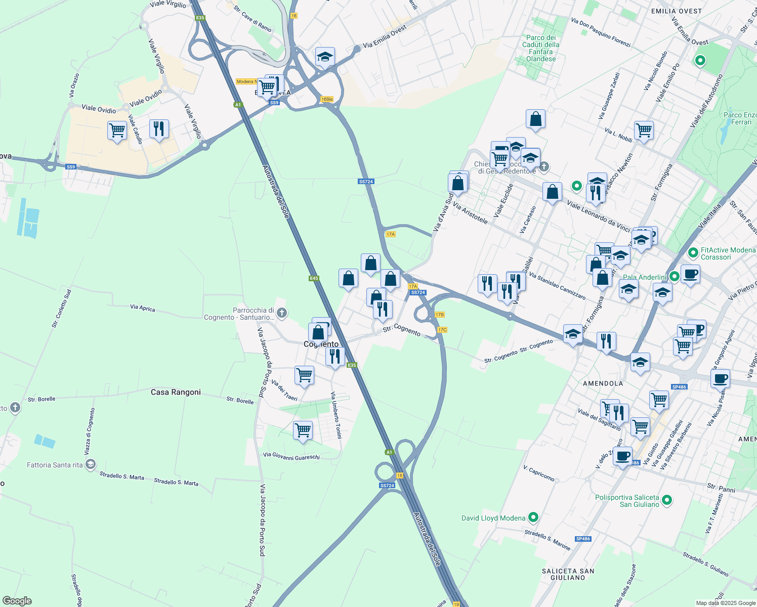 map of restaurants, bars, coffee shops, grocery stores, and more near 52 Via Giorgio Campagna in Cognento
