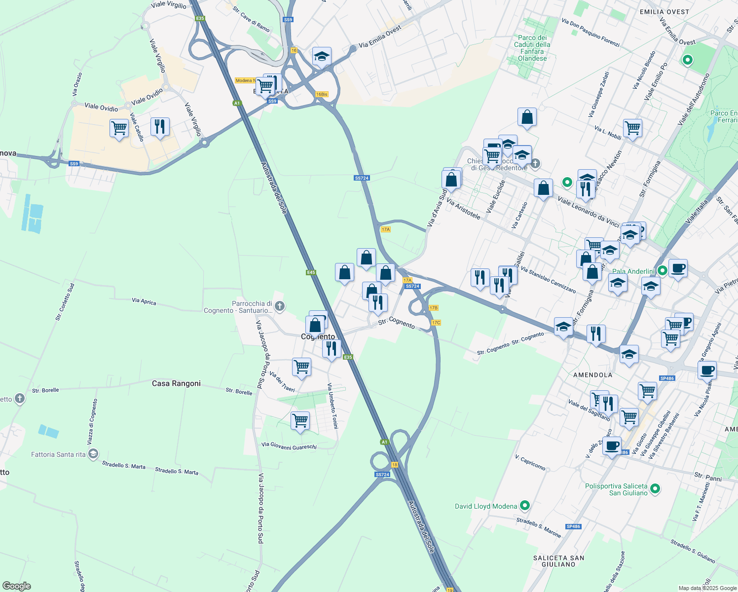 map of restaurants, bars, coffee shops, grocery stores, and more near 52 Via Giorgio Campagna in Cognento