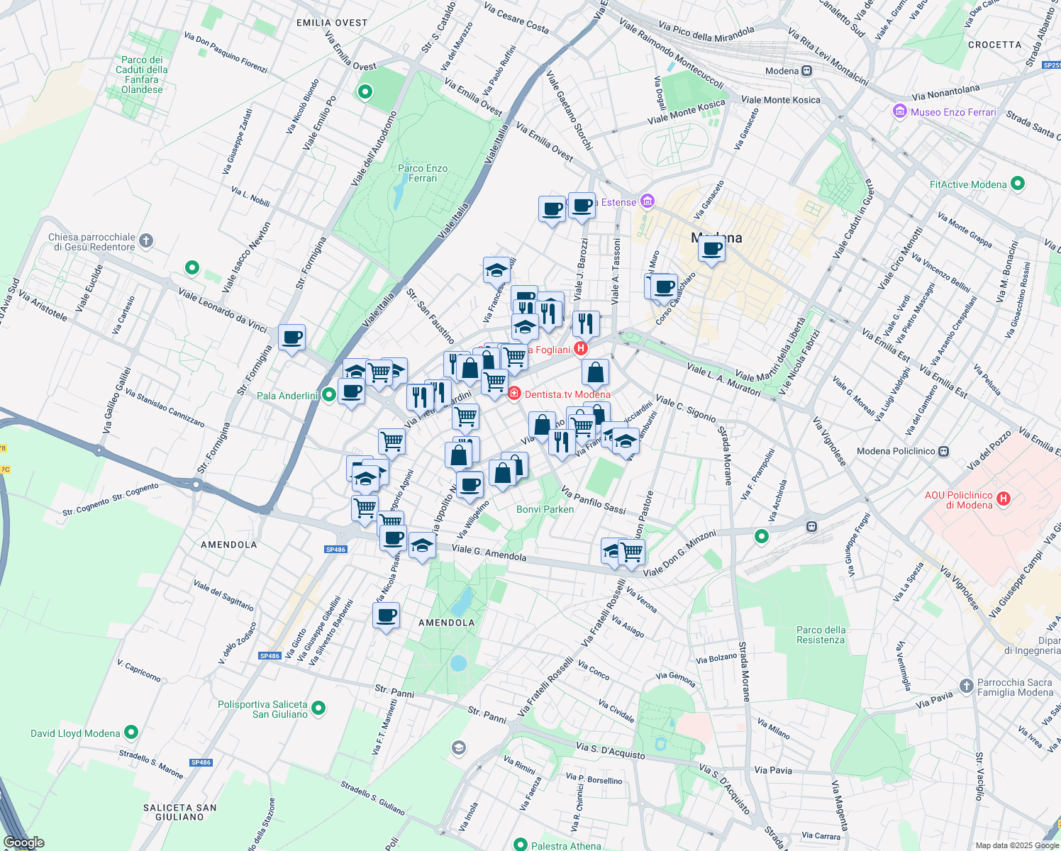 map of restaurants, bars, coffee shops, grocery stores, and more near 189b Via Guarino Guarini in Modena