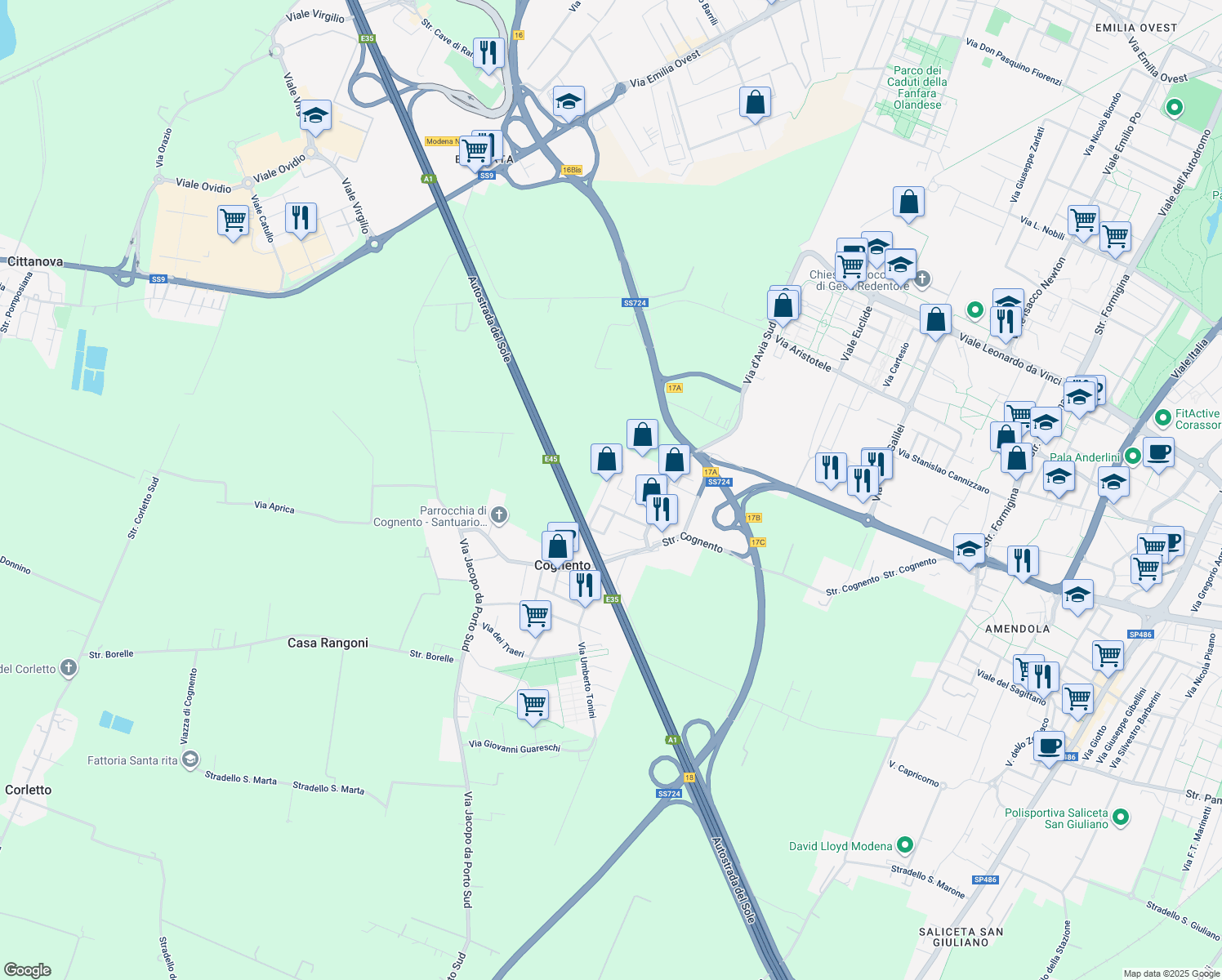map of restaurants, bars, coffee shops, grocery stores, and more near 34 Via Vittorio Bottego in Modena