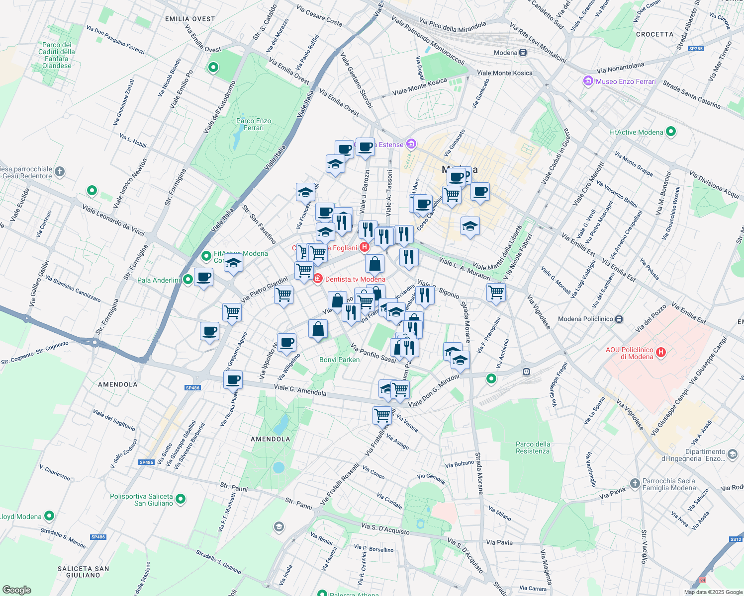 map of restaurants, bars, coffee shops, grocery stores, and more near 20 Via Adolfo Venturi in Modena