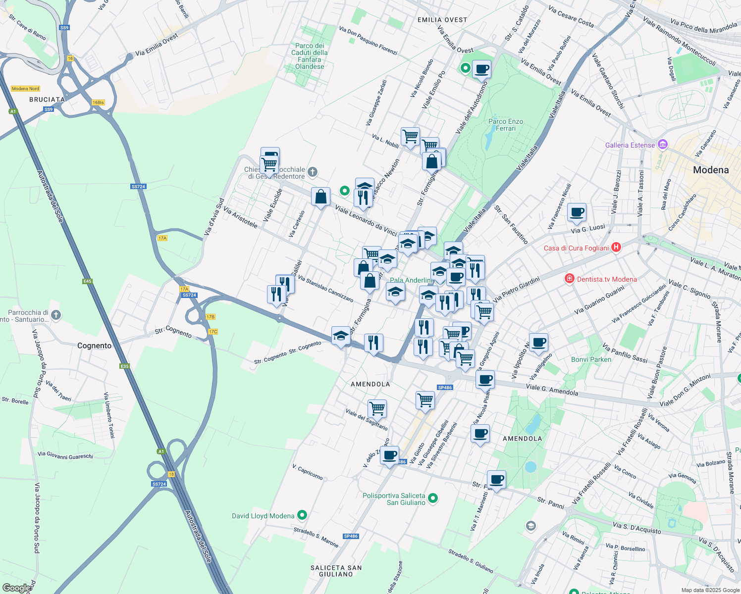 map of restaurants, bars, coffee shops, grocery stores, and more near 274 Strada Formigina in Modena