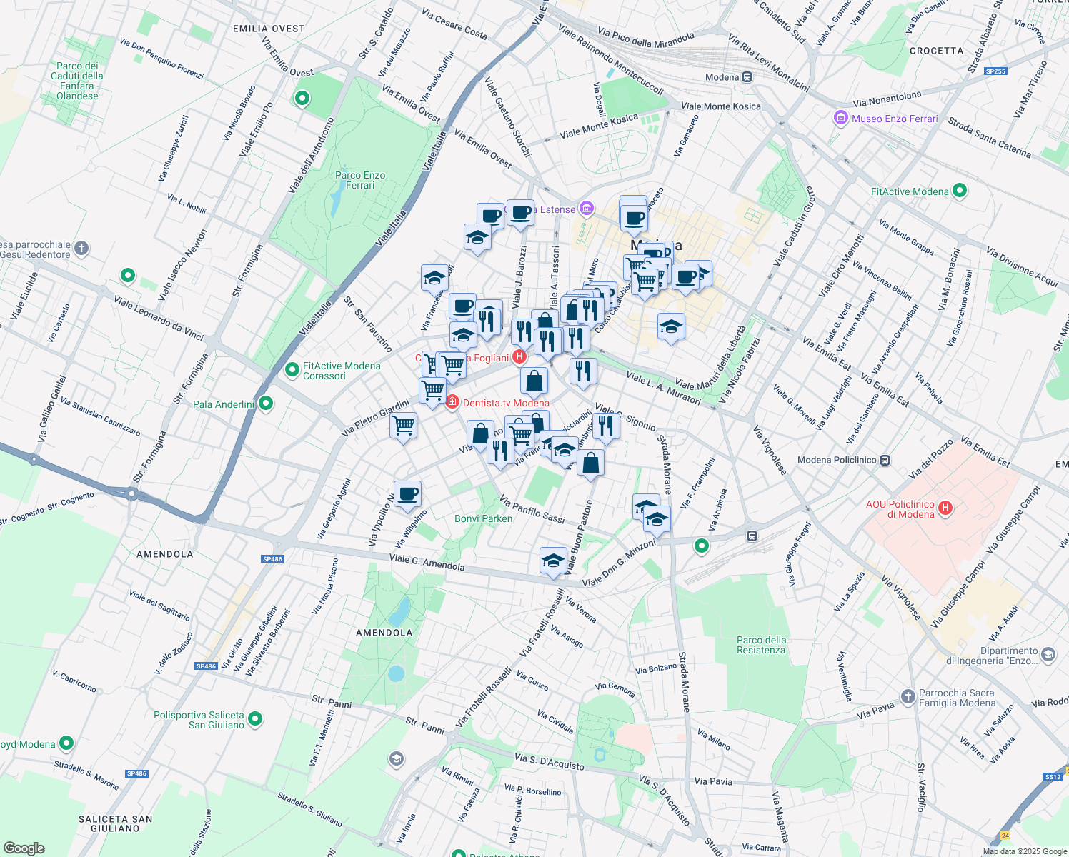 map of restaurants, bars, coffee shops, grocery stores, and more near 83-107 Via Lodovico Lana in Modena