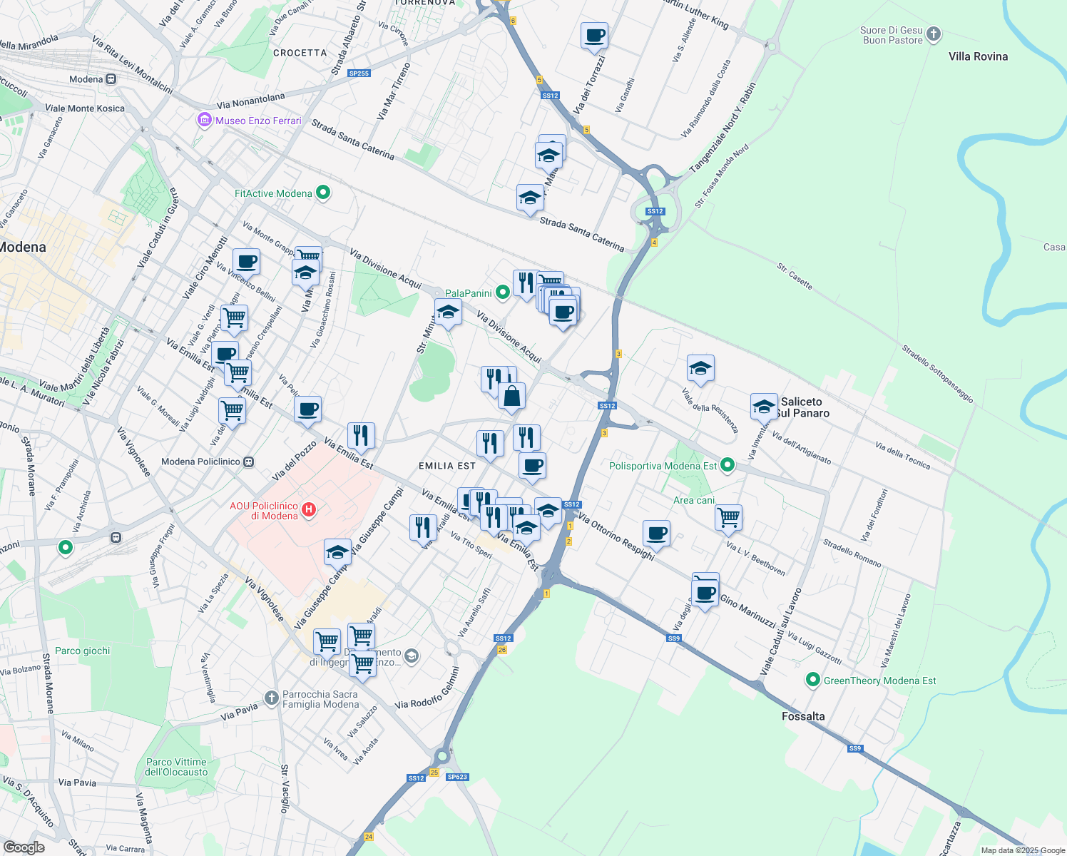map of restaurants, bars, coffee shops, grocery stores, and more near 4 Strada Fossa Monda Sud in Modena