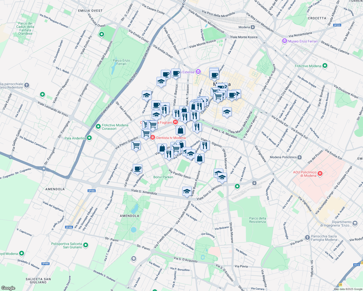 map of restaurants, bars, coffee shops, grocery stores, and more near 83-107 Via Lodovico Lana in Modena
