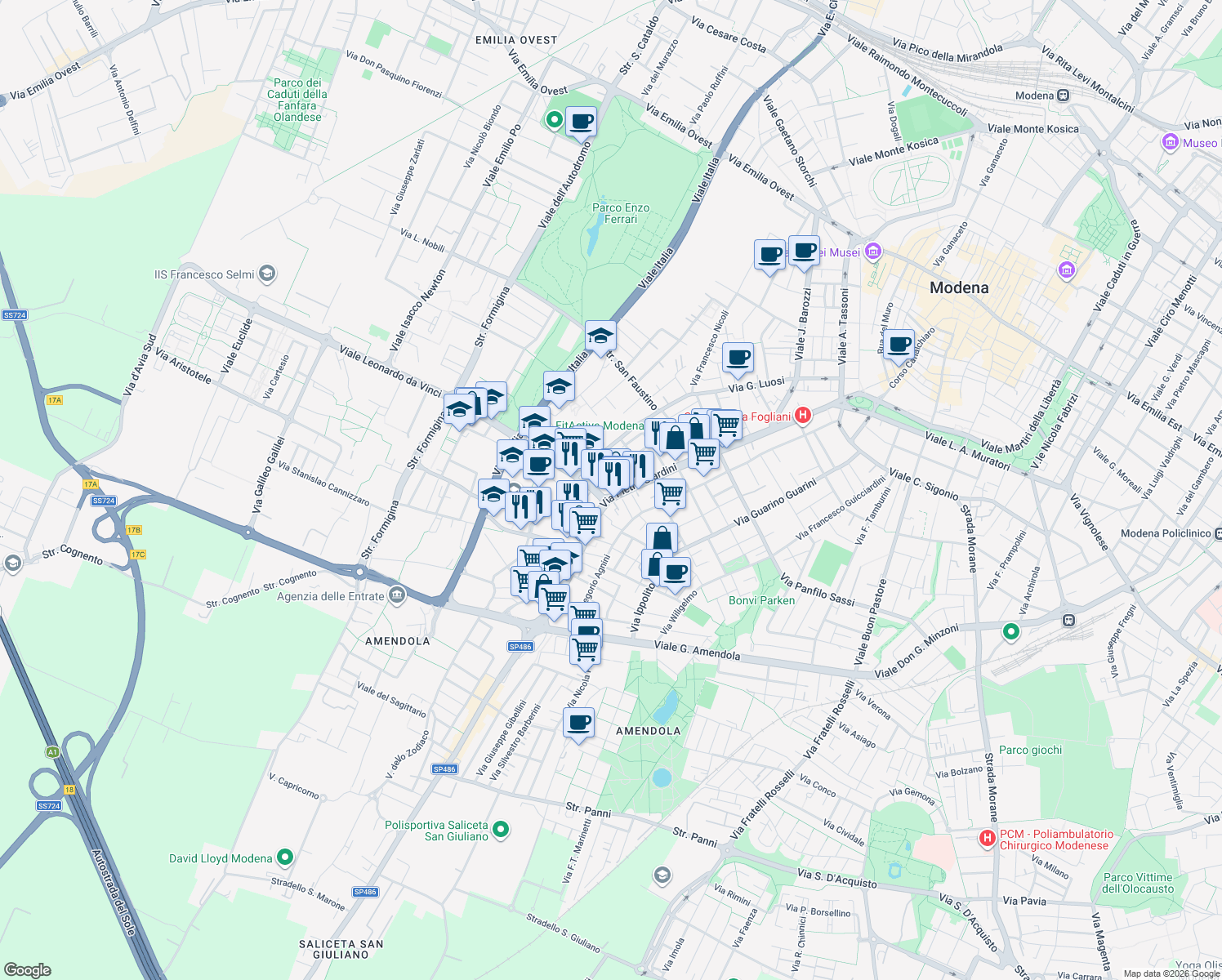 map of restaurants, bars, coffee shops, grocery stores, and more near 45 Via Antonio Cardarelli in Modena