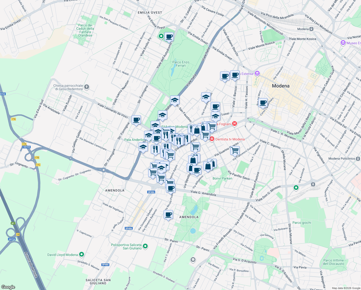 map of restaurants, bars, coffee shops, grocery stores, and more near 344-358 Via Pietro Giardini in Modena